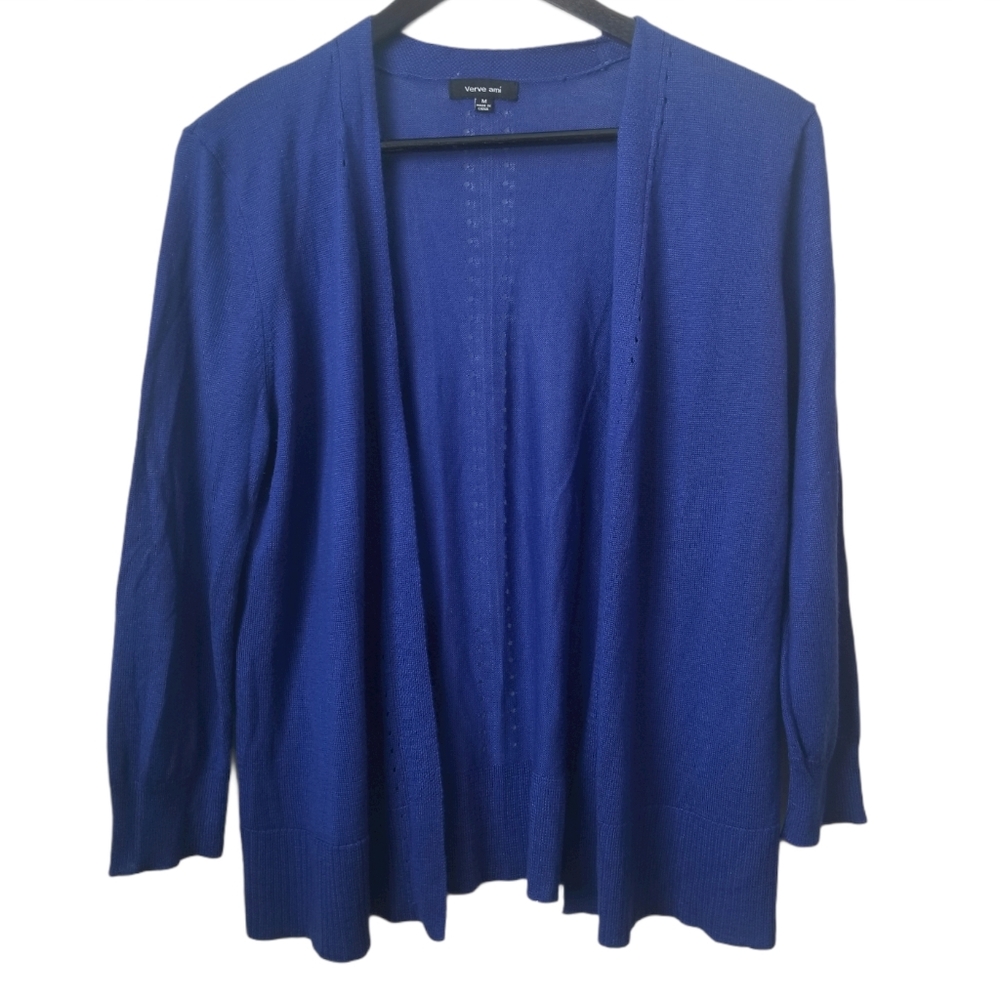 Verve ami women's blue open front fitted cardigan
